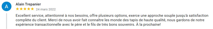 Commentaire 5 étoiles d'un client satisfait par notre service à la clientèle et notre grande sélection de tapis haute qualité.